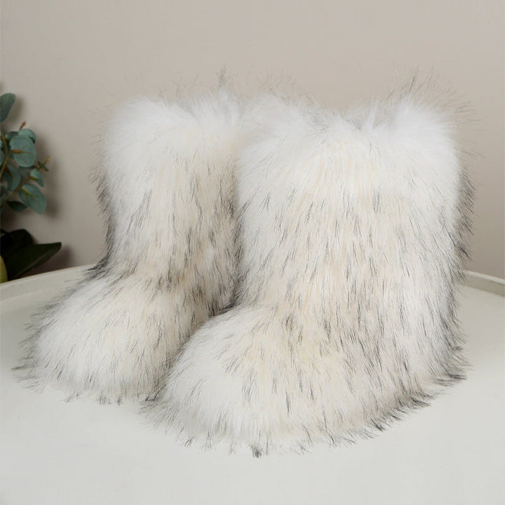 Women's Snow Boots, Faux Fur Mid Calf Pull On Shaggy Texture
