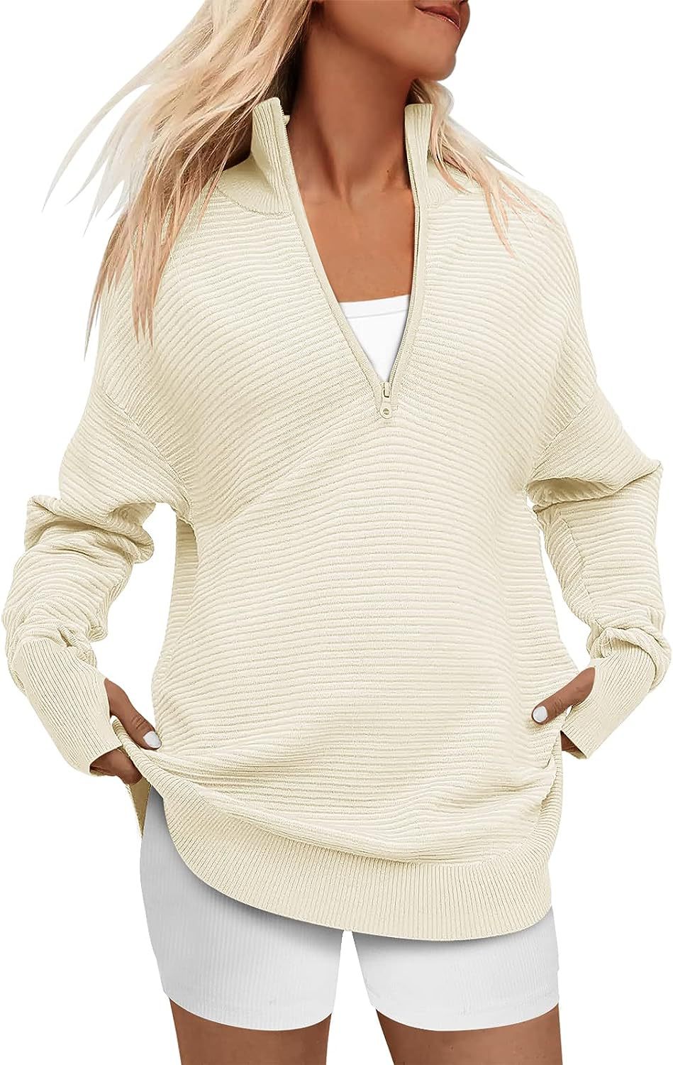 ENNA™ - Women Quarter Zip Rib Knit Pullover Sweater