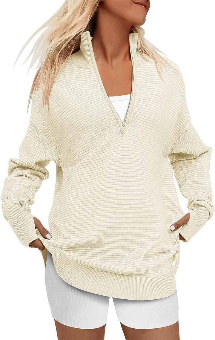ENNA™ - Women Quarter Zip Rib Knit Pullover Sweater