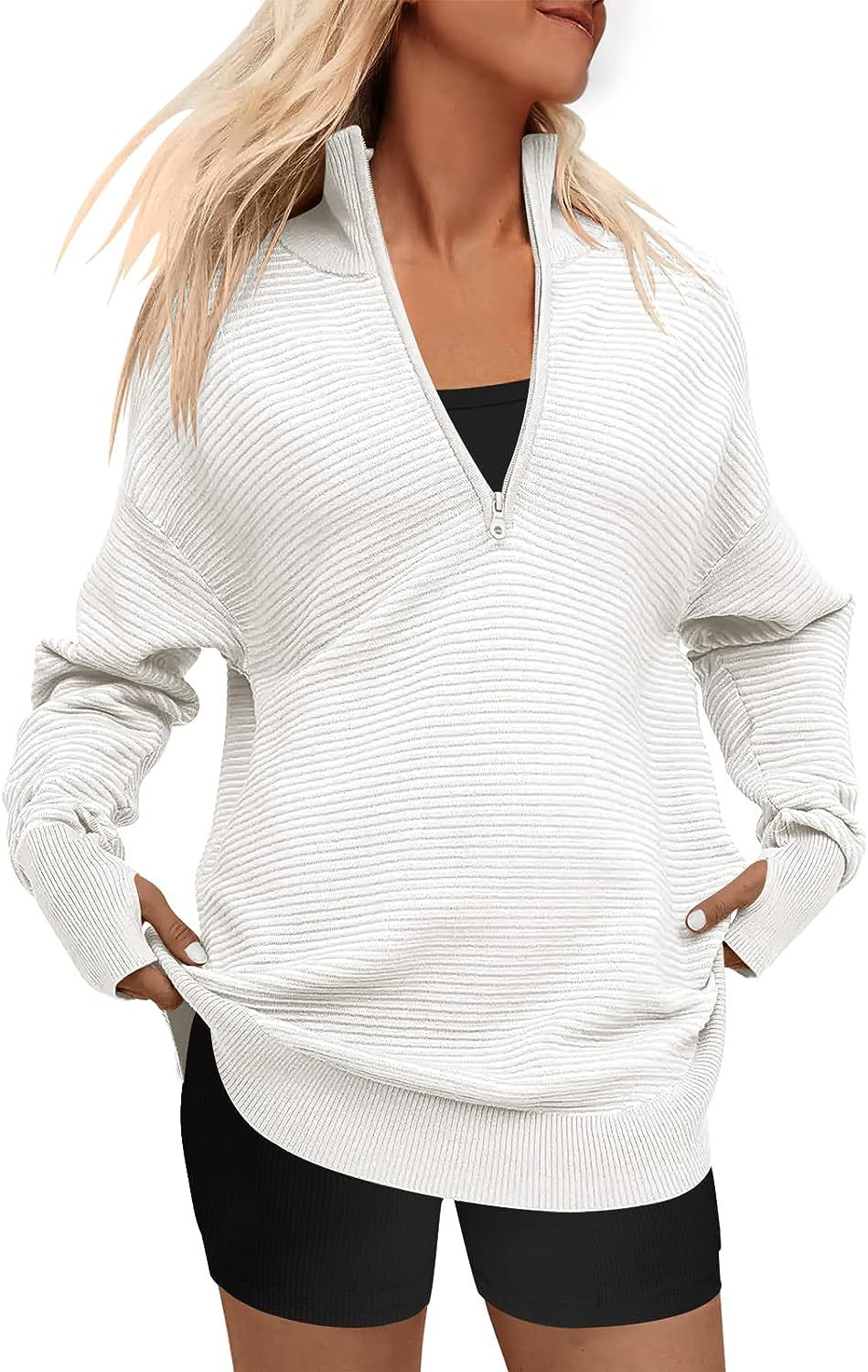 ENNA™ - Women Quarter Zip Rib Knit Pullover Sweater