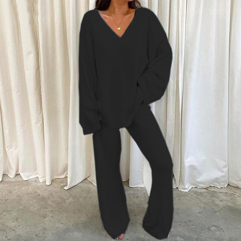 MULANA™ - Chic V-Neck Top and Wide Leg Pants Set
