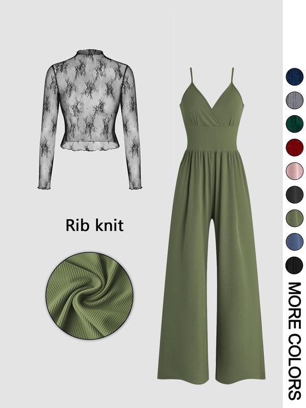 SHAE™ - Women's Solid Color Lace Tee & Pocket Jumpsuit Set