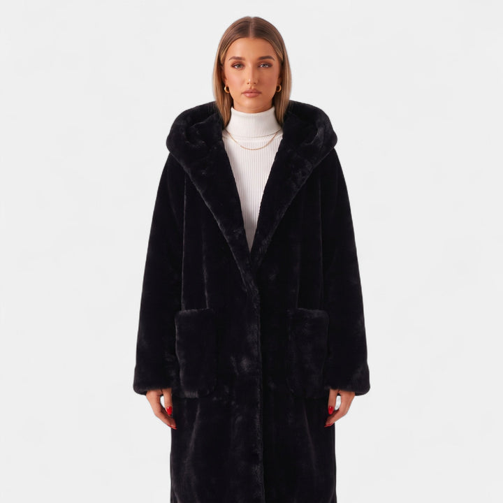 Women's Oversized Long Faux Fur Coat, Hooded Open Front Patch Pockets