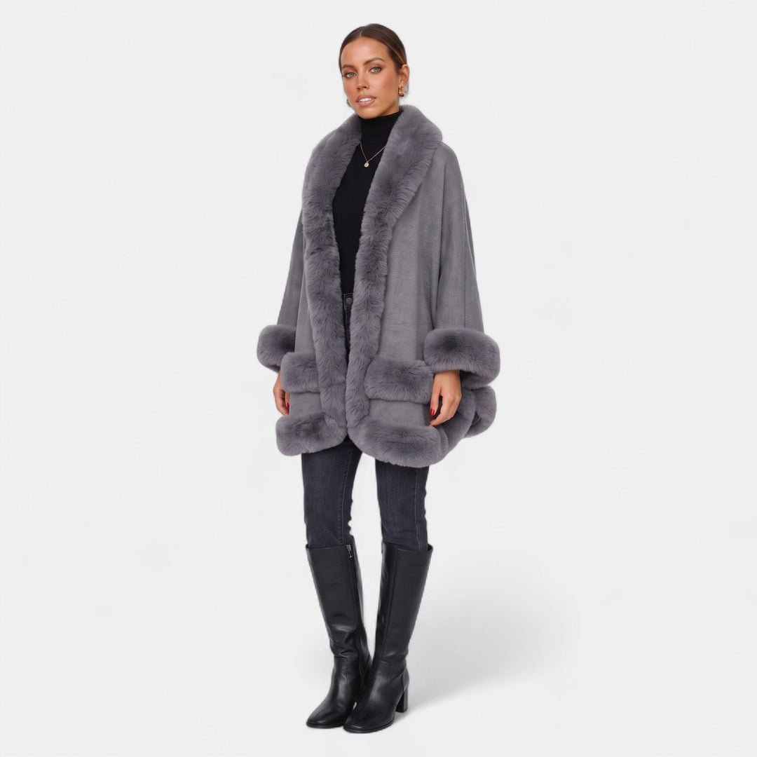 Women's Cape Coat, Oversized Faux Fur Trim Open Front Knit