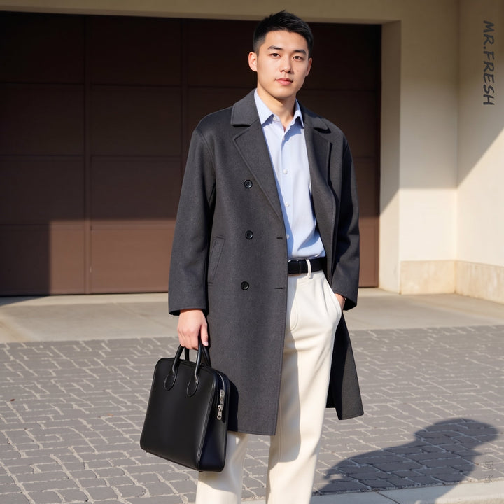 Men's Long Wool Peacoat, Double Breasted Oversized Notched Lapel