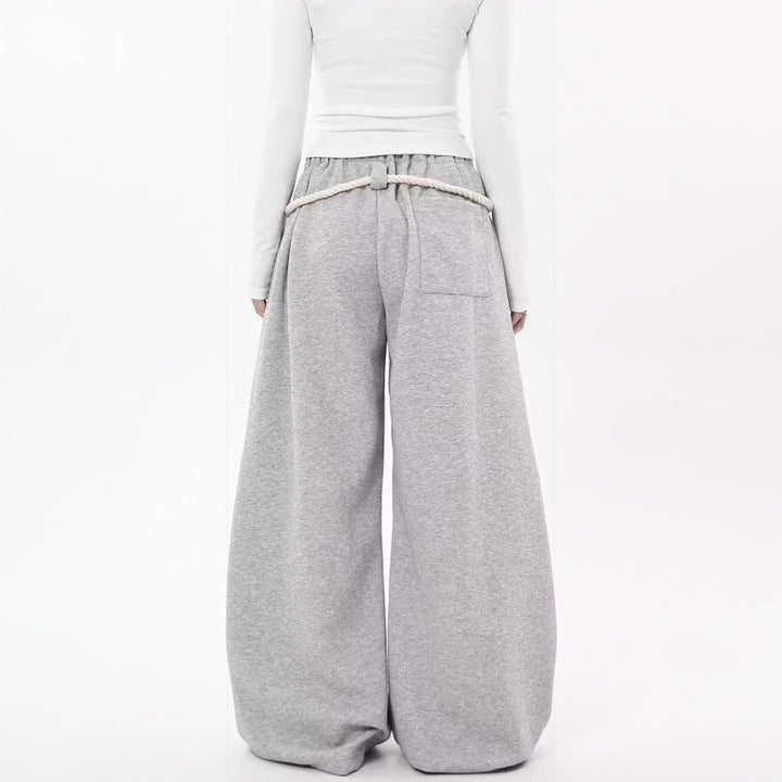 Women's Baggy Wide Leg Sweatpants, Rope Belt High Waisted