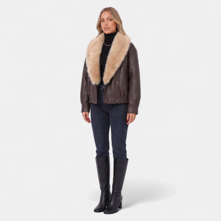 Women's Oversized Faux Leather Bomber Jacket, Faux Fur Shawl Collar