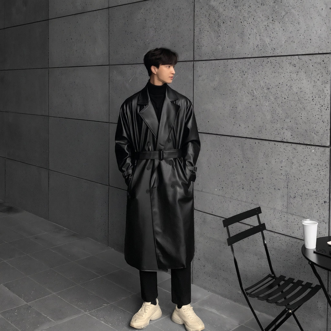 Men's Long Black Trench Coat, Oversized Double Breasted Belted