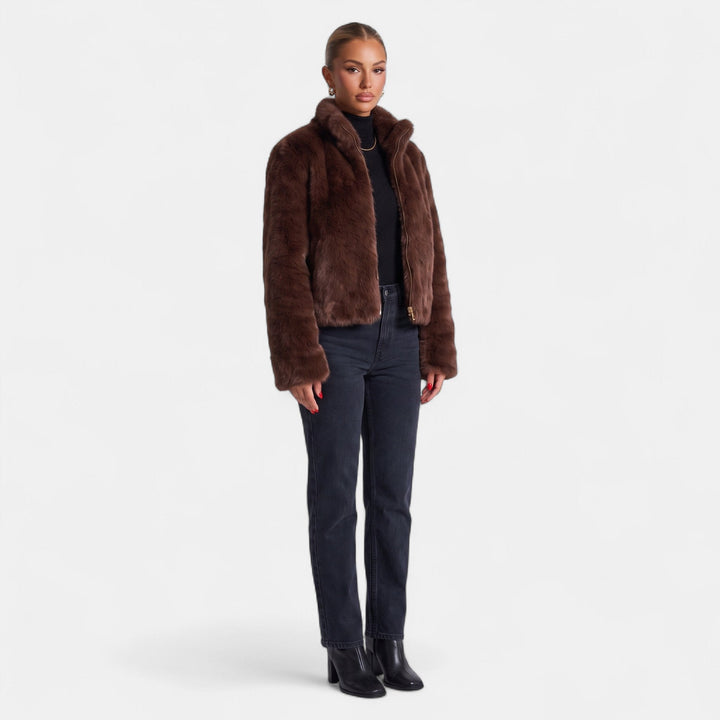Women's Cropped Faux Fur Coat, Stand Collar Front Zip Quilted