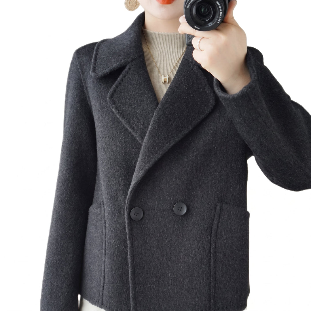 Women's Short Black Peacoat, Double Breasted Notch Lapel