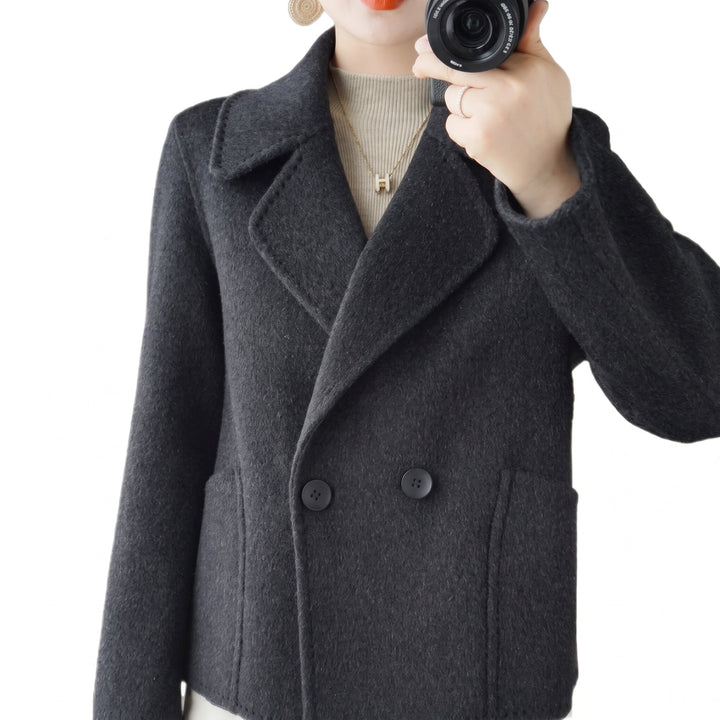 Women's Short Black Peacoat, Double Breasted Notch Lapel
