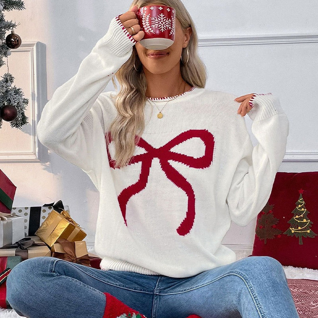 Women's Christmas Sweater, Knit Crew Neck Bow Relaxed Fit Pullover