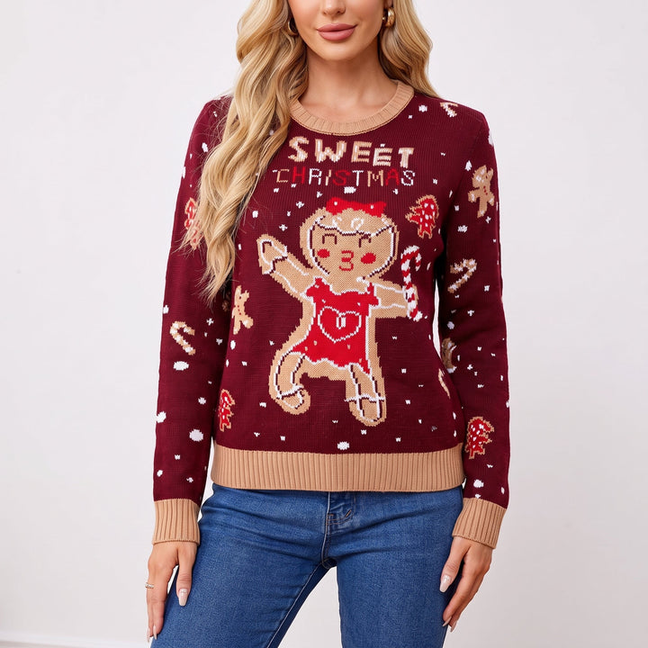 Women's Ugly Christmas Sweater, Knit Burgundy Gingerbread Relaxed Fit Pullover