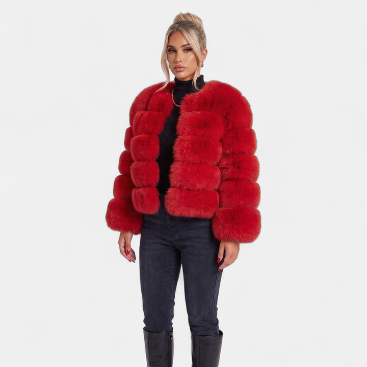 Women's Cropped Faux Fur Coat, Collarless Tiered Open Front