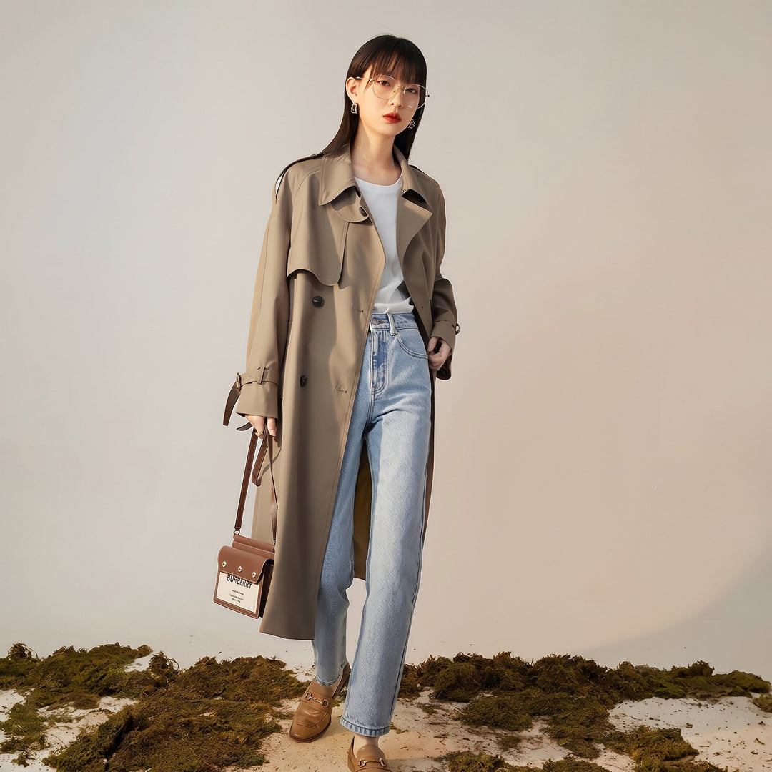 Women's Long Winter Trench Coat, Double Breasted Belted