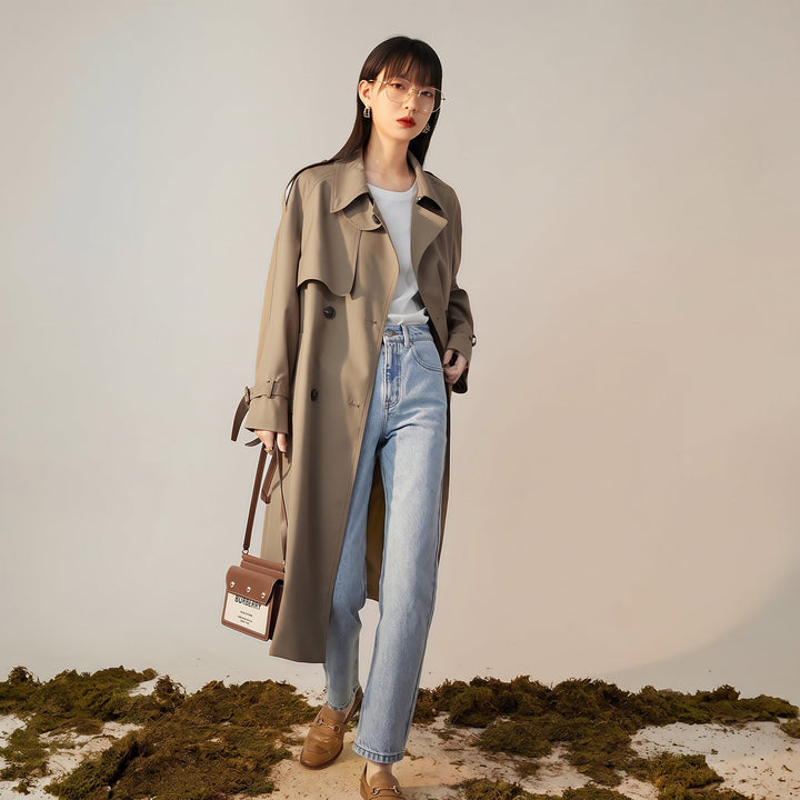 Women's Long Winter Trench Coat, Double Breasted Belted