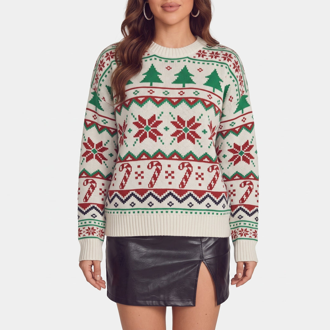 Women's Christmas Sweater, White Fair Isle Tree Jacquard Pullover