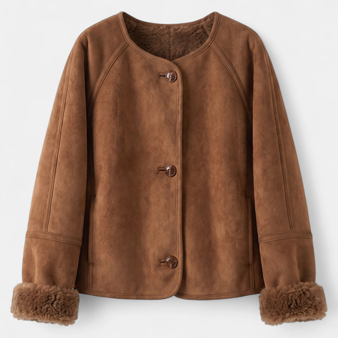 Women's Cropped Suede Jacket, Collarless Shearling Long Sleeve