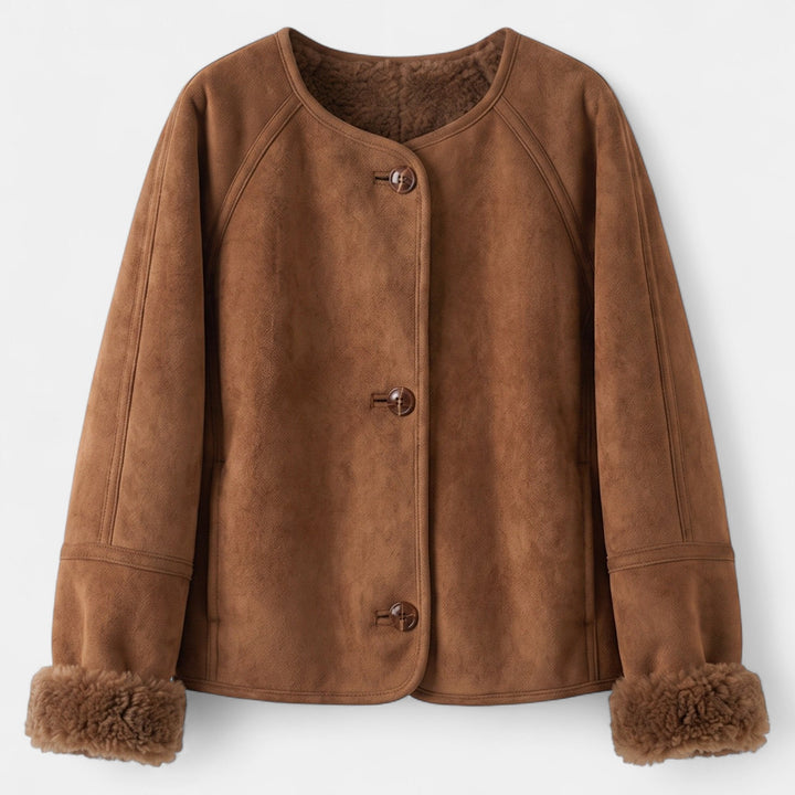 Women's Cropped Suede Jacket, Collarless Shearling Long Sleeve