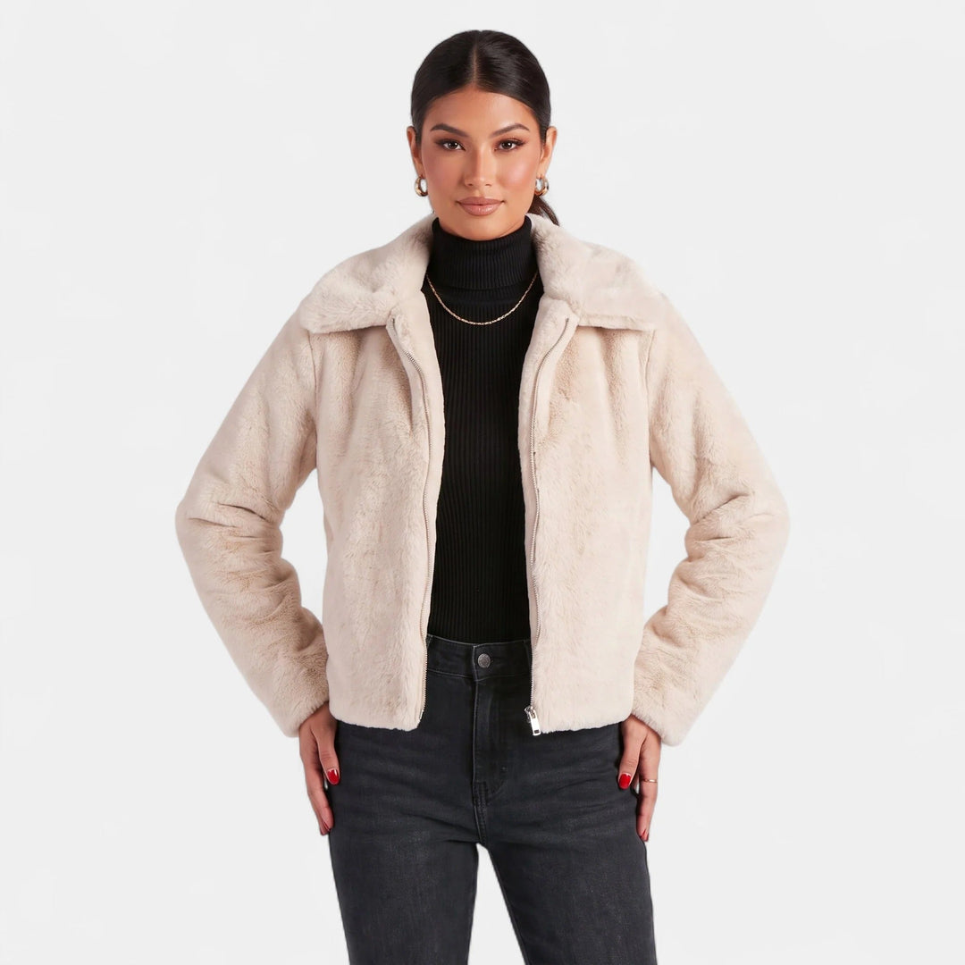 Women's Cropped Biker Faux Fur Coat, Oversized Mottled Zip