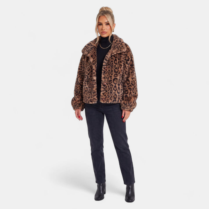 Women's Leopard Print Faux Fur Coat, Short Oversized Button Front