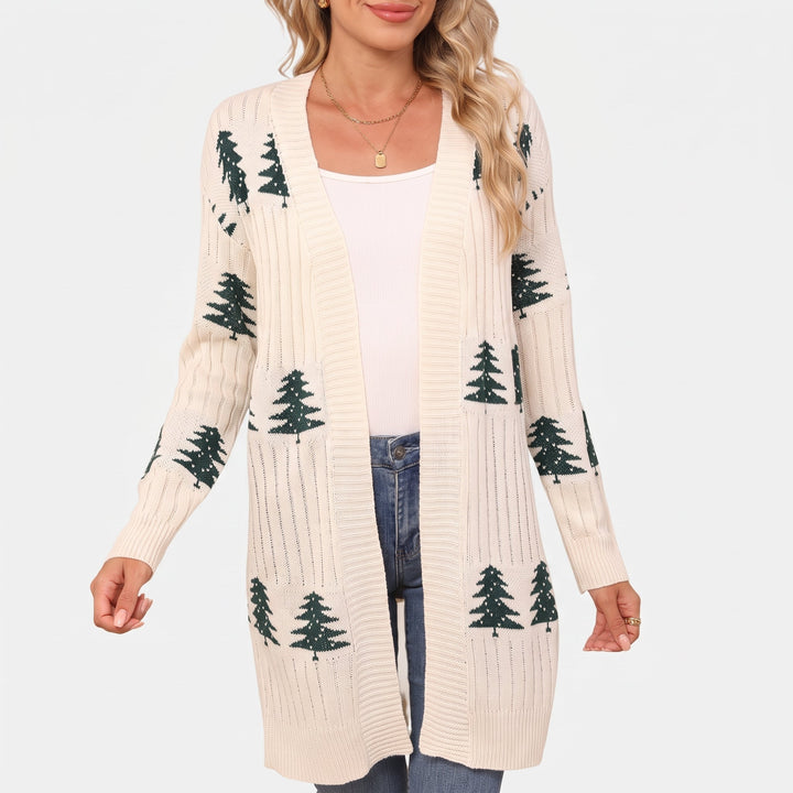Women's Christmas Sweater, Knit Embroidered Pine Tree Open Front Cardigan