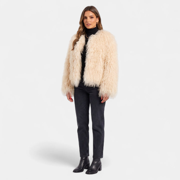 Women's Cropped Shaggy Faux Fur Coat, Collarless Open Front