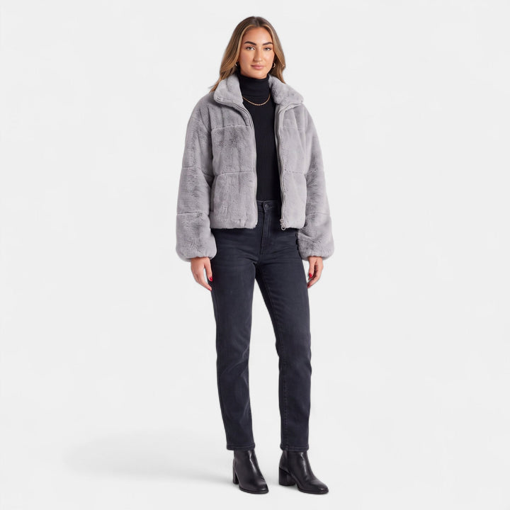 Women's Cropped Oversized Faux Fur Coat, Stand Collar Zip Up Quilted