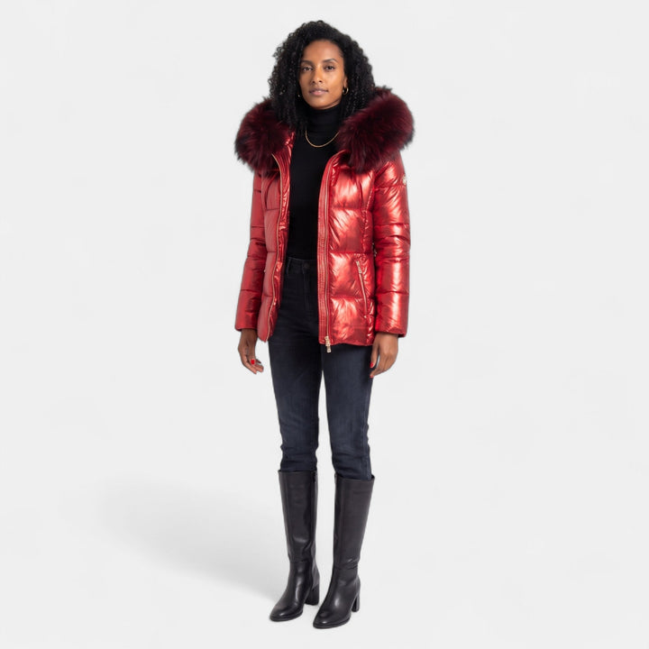 Women's Short Quilted Puffer Jacket, Hooded Metallic Front Zip