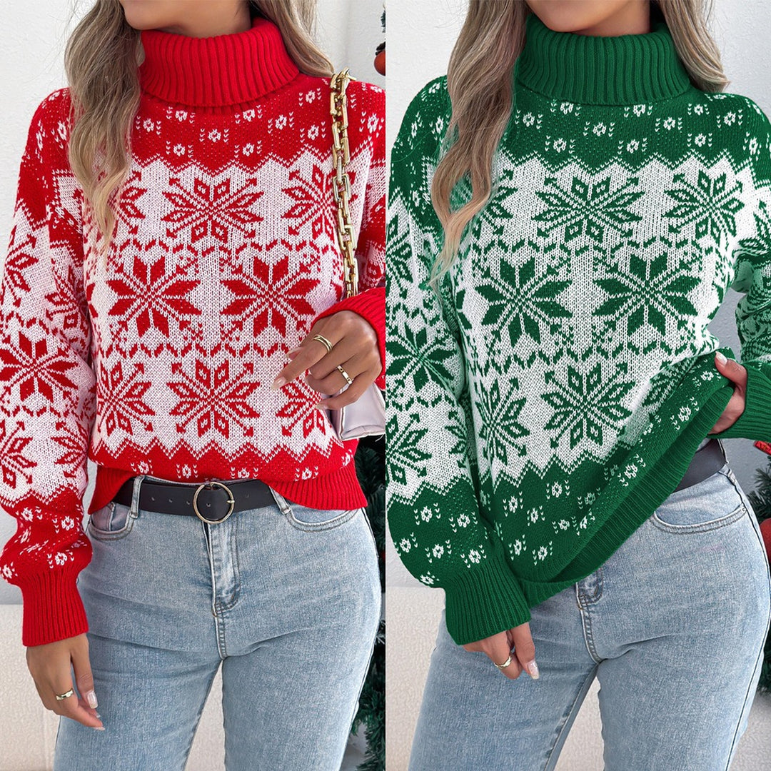 Women's Christmas Sweater, Turtleneck Fair Isle Snowflake Lantern Sleeve Pullover