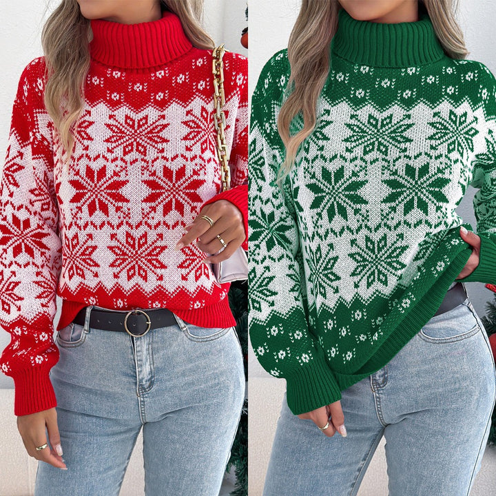 Women's Christmas Sweater, Turtleneck Fair Isle Snowflake Lantern Sleeve Pullover