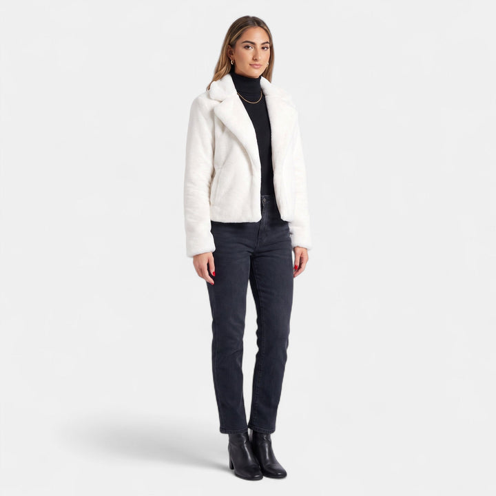 Women's Cropped Faux Fur Coat, Notched Lapel Open Front Satin Lining