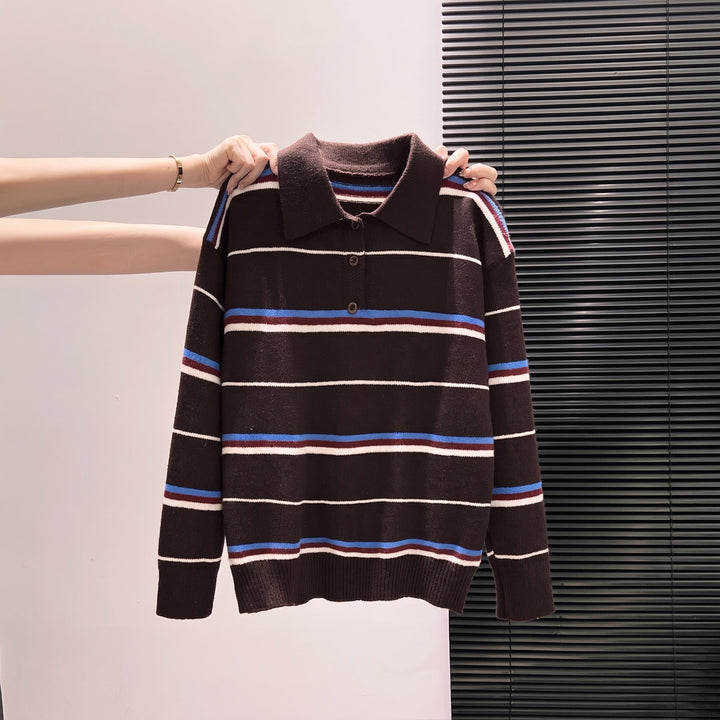 Women's Long Sleeve Polo Rugby Shirt, Knitted Collared Button Placket