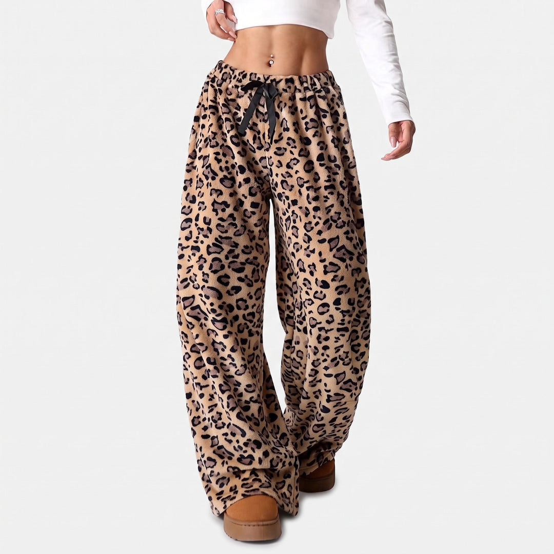 Women's Baggy Wide Leg Sweatpants, Plush Print Ribbon Bow Tie