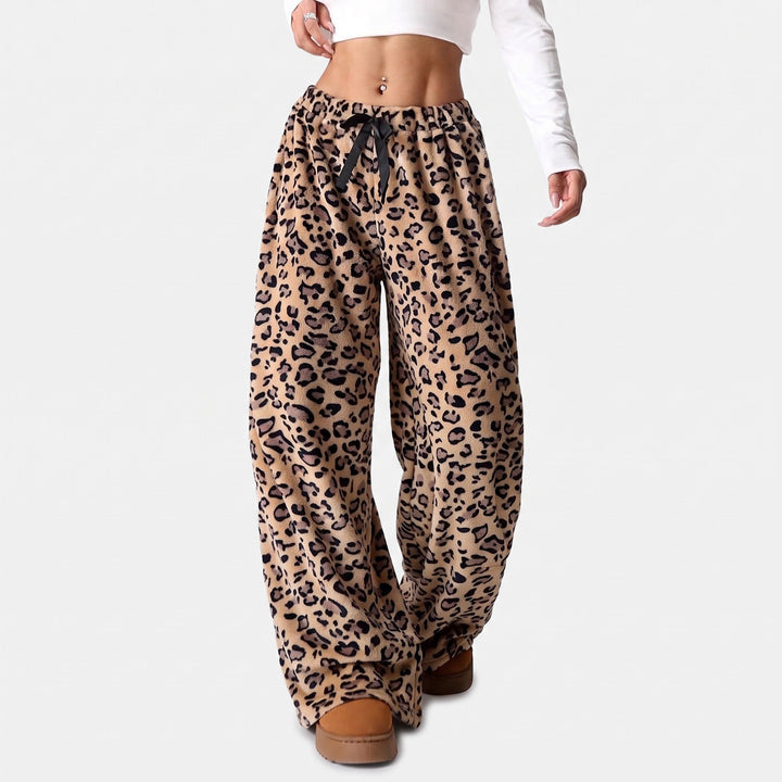 Women's Baggy Wide Leg Sweatpants, Plush Print Ribbon Bow Tie
