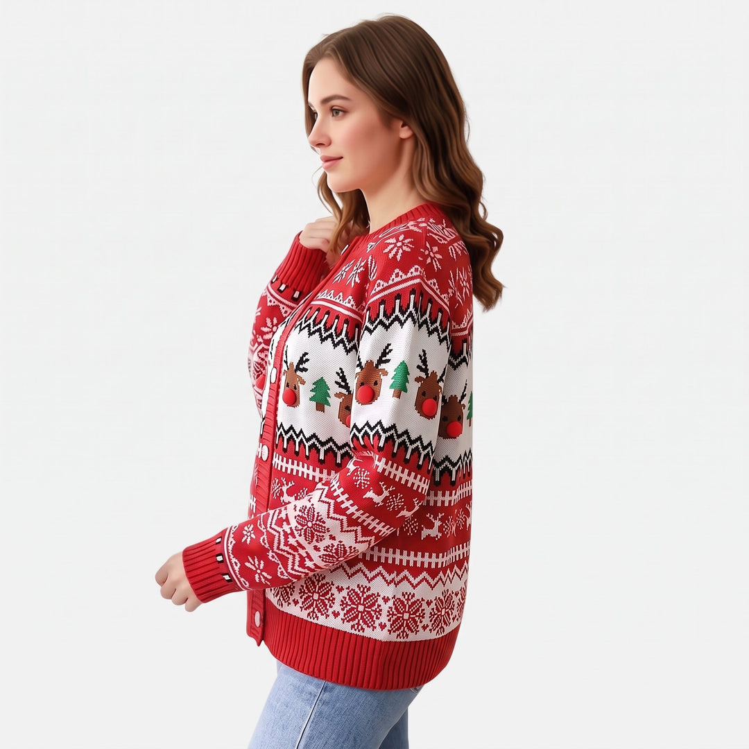 Women's Christmas Sweater, Knit Reindeer Open Front Cardigan