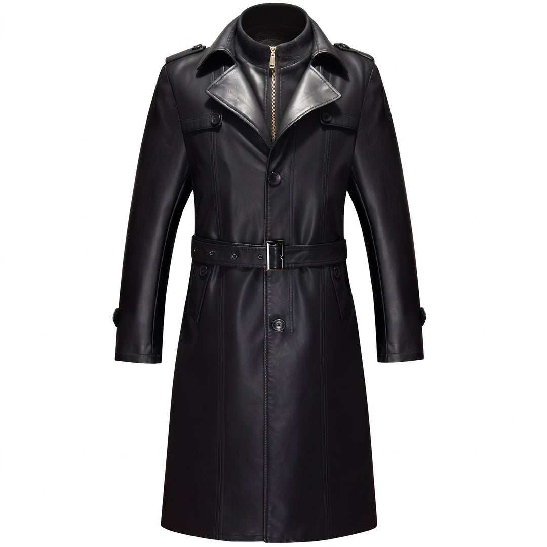 Men's Long Black Trench Coat, Fur Lined Single Breasted Thick