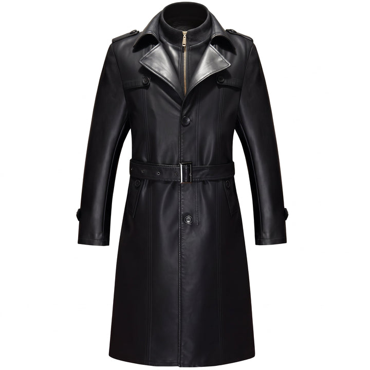 Men's Long Black Trench Coat, Fur Lined Single Breasted Thick