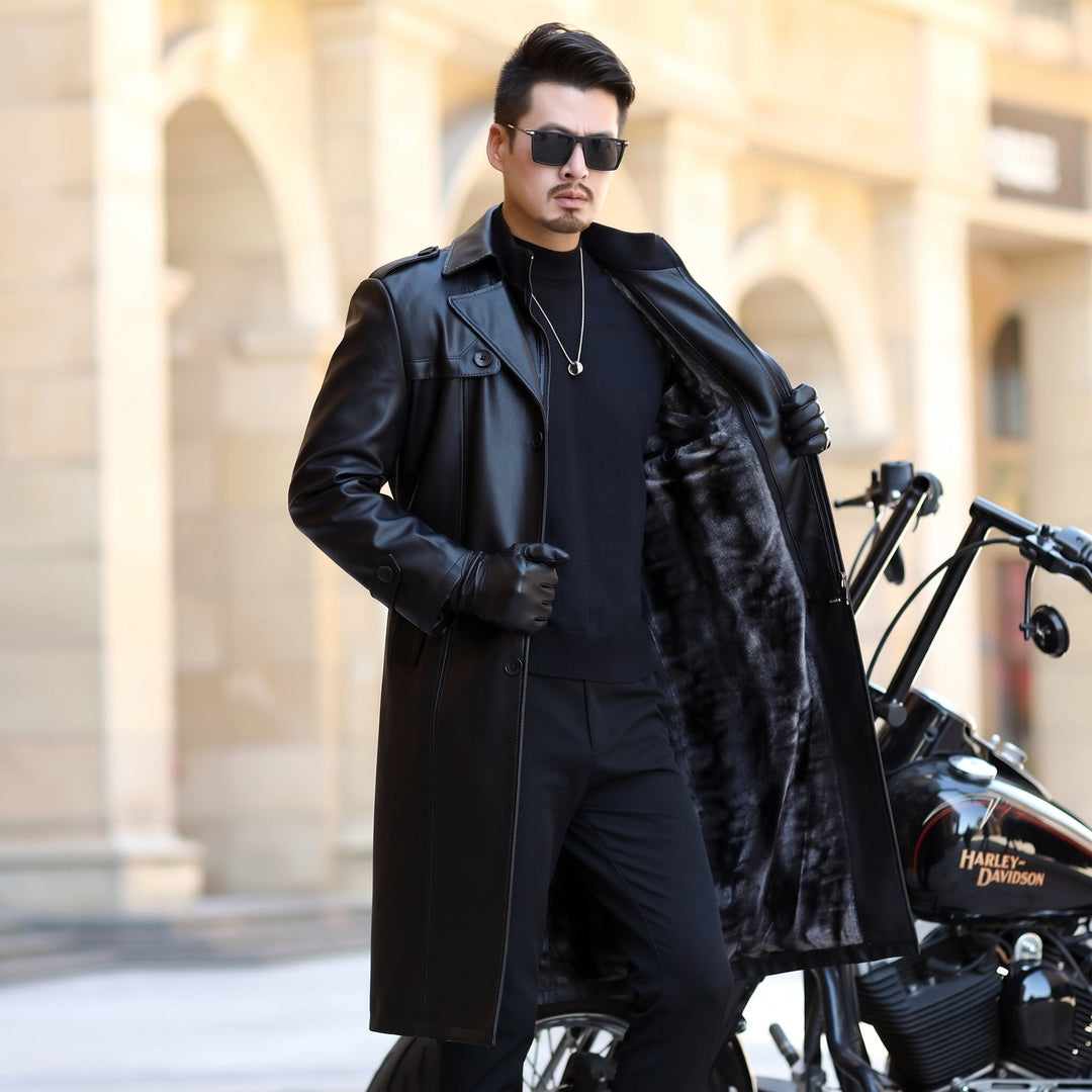 Men's Long Black Trench Coat, Single Breasted Fitted Length Shiny