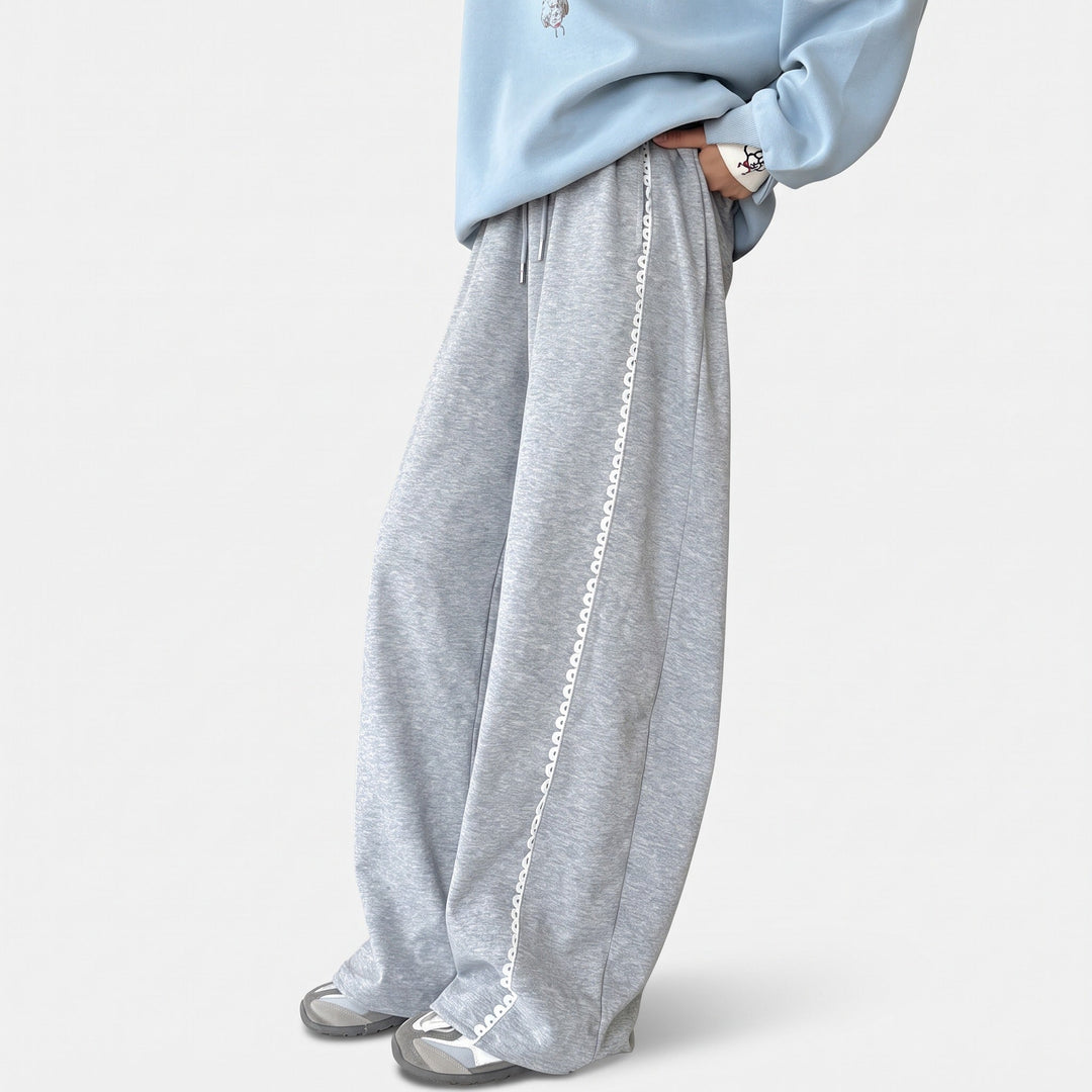 Women's Baggy Wide Leg Sweatpants, Lace Trim Seams and Hem