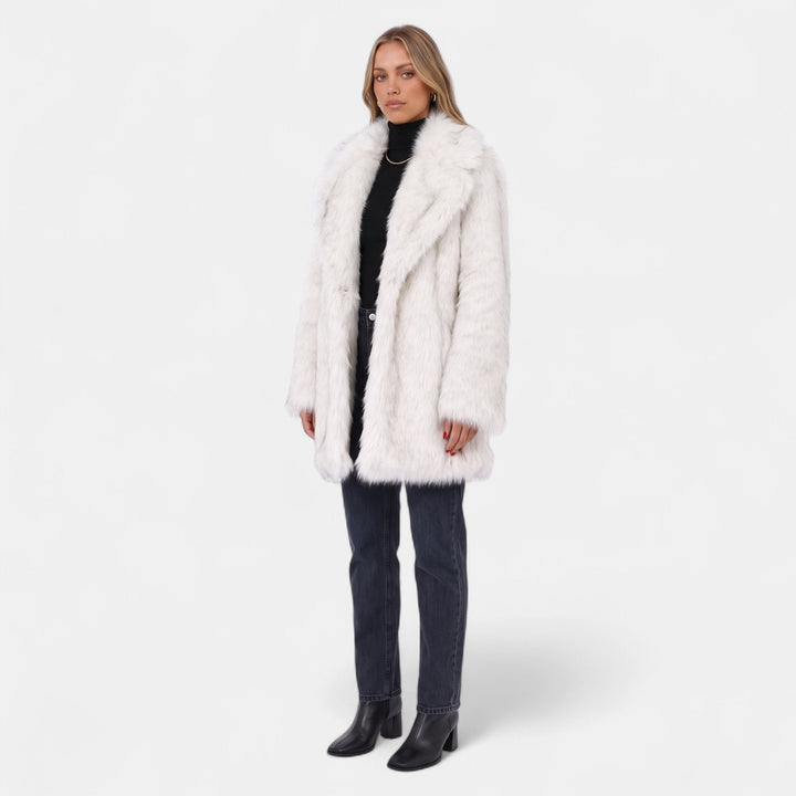 Women's Faux Fur Coat, Mid Thigh Wide Lapel Open Front Pockets