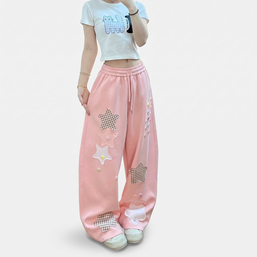 Women's Baggy Wide Leg Pink Sweatpants, Star Patch Applique