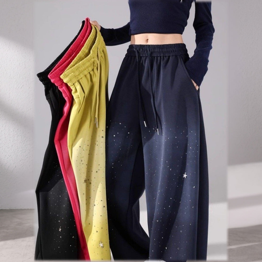 Women's Baggy Wide Leg Sweatpants, Rhinestone Star Studs Ombre Wash