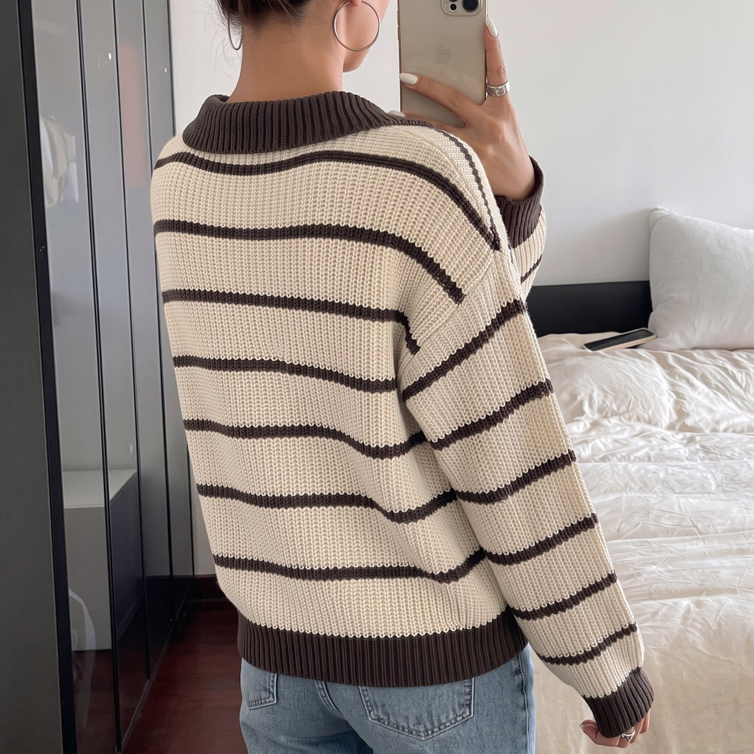 Women's Long Sleeve Knitted Rugby Shirt, Collared Brown