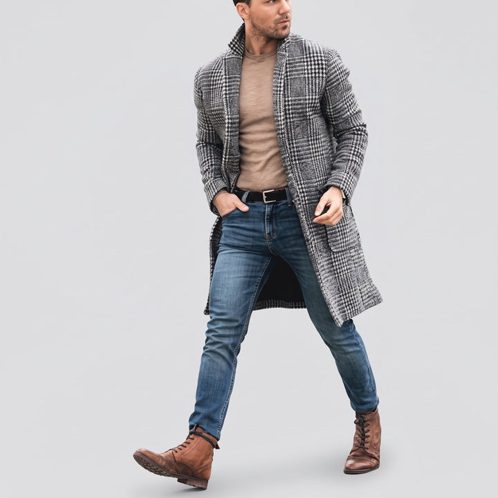 Men's Long Winter Trench Coat, Grey Single Breasted Patterned