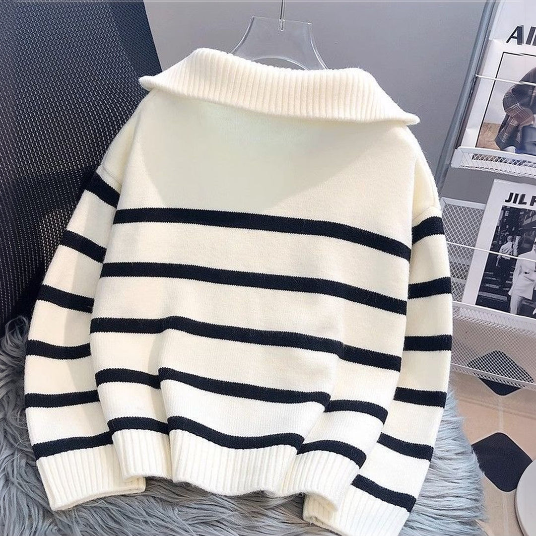 Women's Quarter Zip Sweater, Cropped Striped Knit Pullover