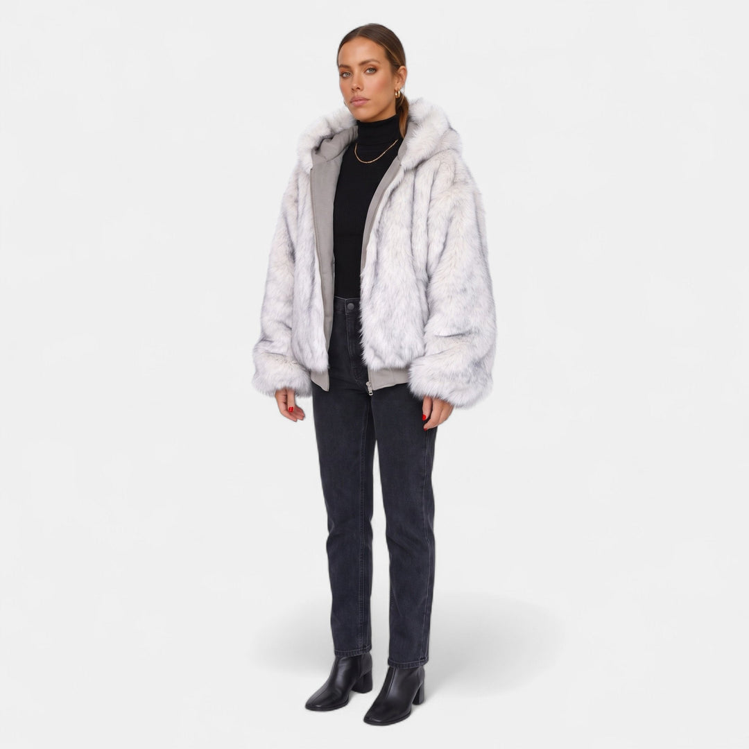 Women's Oversized Faux Fur Coat, Hooded Zip Up Ribbed Hem