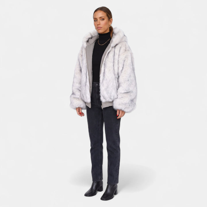 Women's Oversized Faux Fur Coat, Hooded Zip Up Ribbed Hem