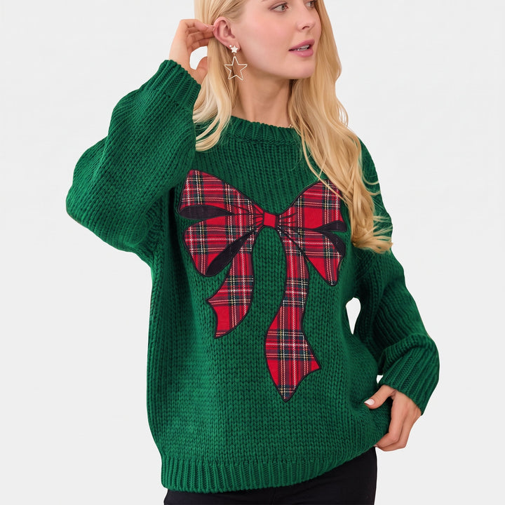 Women's Christmas Sweater, Bow Print Green Tartan Relaxed Fit Pullover
