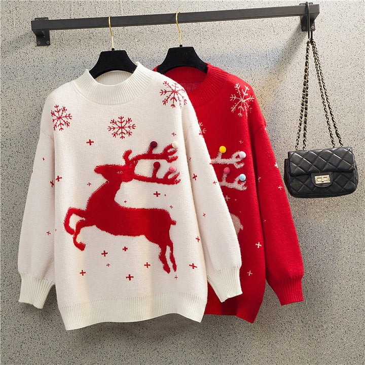 Women's Christmas Sweater, Knit Crew Neck Reindeer Relaxed Fit Pullover